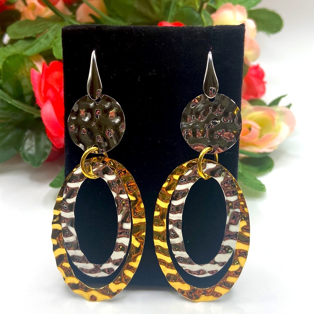 Simona Collini Hammered Dangle Earrings Stainless Steel ~ Mixed Metal